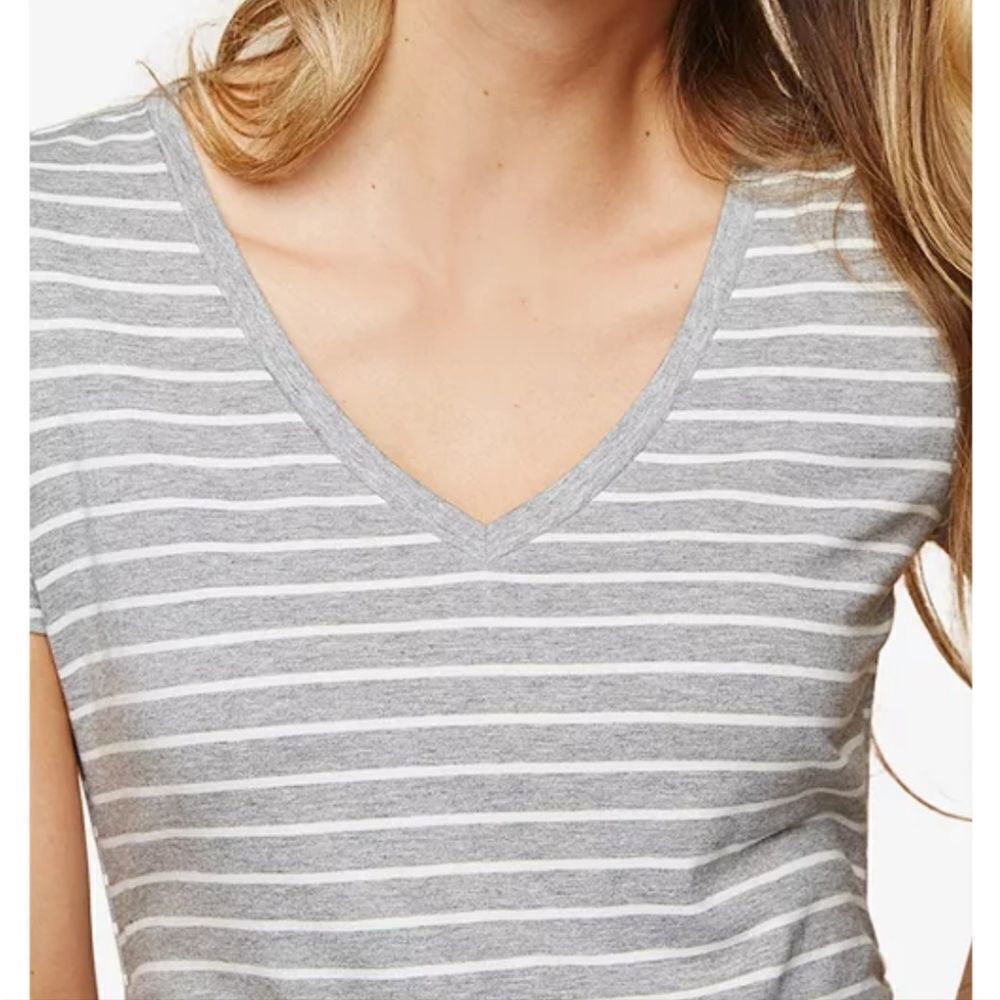 Motherhood Maternity Grey White Striped Ruched Sides V Neck T-Shirt sz S… - Picture 4 of 5